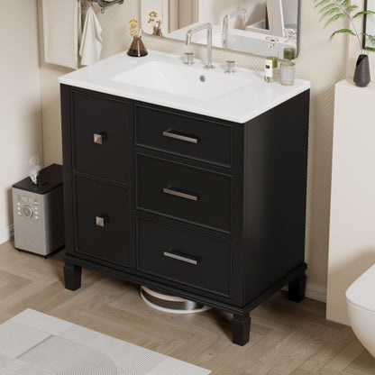 30 Inch Bathroom Vanity With Ceramic Sink, Flip-Out Drawer Design For Plumbing, White Painted MDF Cabinet With Solid Wood Legs