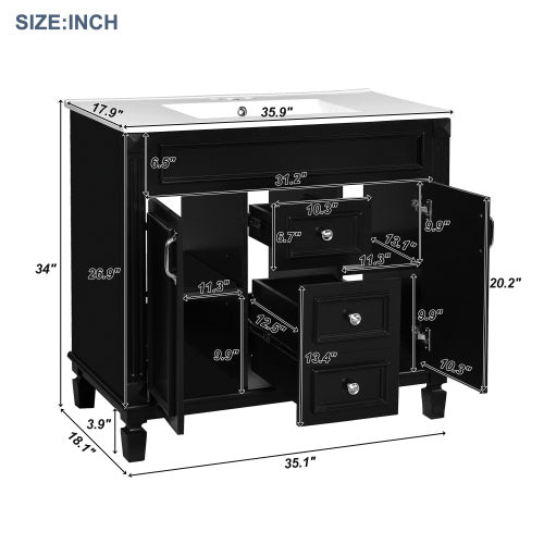 36'' Bathroom Vanity with Top Sink – Modern Storage Cabinet with 2 Soft-Closing Doors & 2 Drawers, Single Sink Vanity (Black)