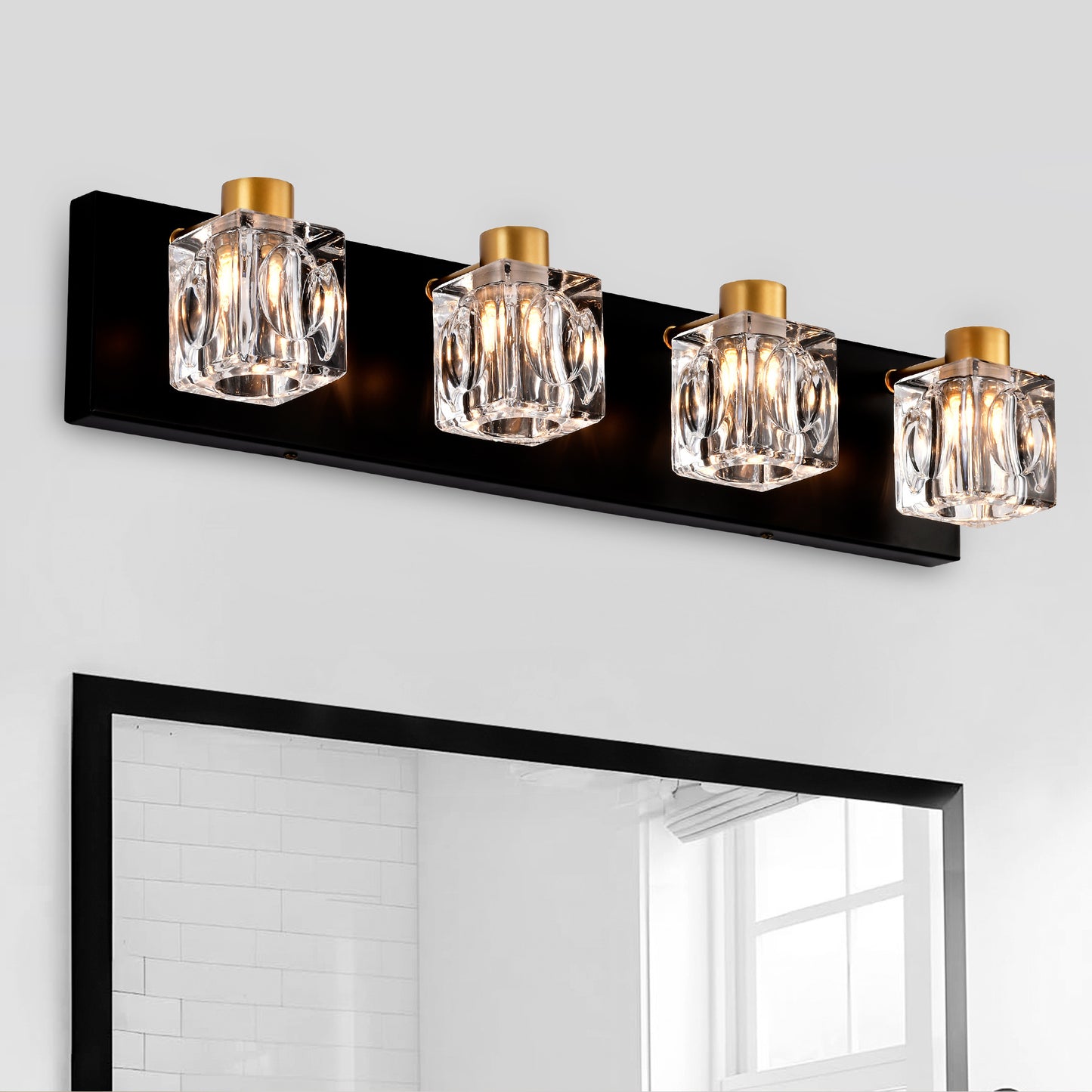 4-Light Matte Black + Gold Bathroom Light Fixtures – Modern Vanity Lights with Crystal Glass Shades