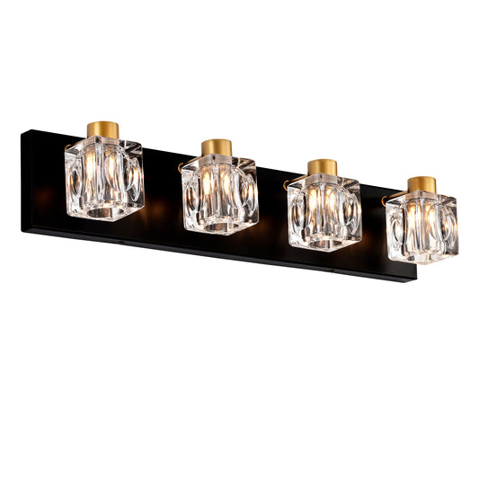 4-Light Matte Black + Gold Bathroom Light Fixtures – Modern Vanity Lights with Crystal Glass Shades