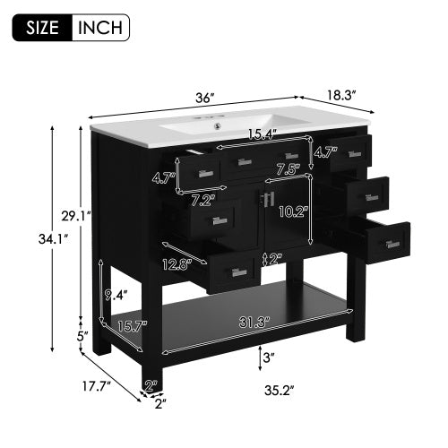 36" Black Bathroom Vanity with Top Sink – Modern Storage Cabinet with 2 Soft Closing Doors & 6 Drawers, Single Sink Vanity