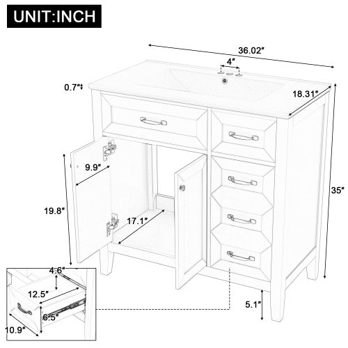 36  Bathroom Vanity With Sink Combo, Gray Bathroom Cabinet With Drawers, Solid Frame And MDF Board