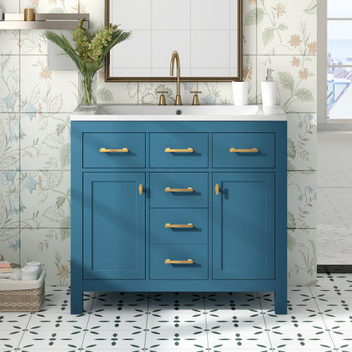 36'' Bathroon Vanity With Resin Sink Combo Set,Modern Freestanding Single Bathroom Cabinet With 4 Drawers & 2 Cabinets,Storage Cabinet For Bathroom, Solid Wood Frame Vanity Set