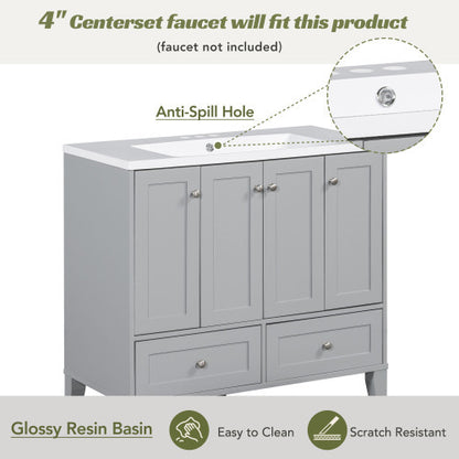 36'' Bathroom Vanity with Resin Sink Combo – Freestanding Solid Wood Frame Vanity Set with 4 Soft Closing Doors & 2 Drawers