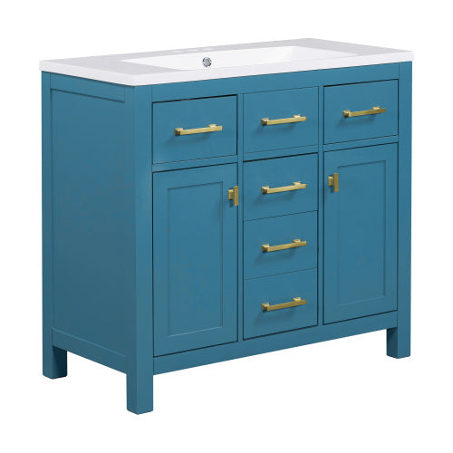 36'' Bathroon Vanity With Resin Sink Combo Set,Modern Freestanding Single Bathroom Cabinet With 4 Drawers & 2 Cabinets,Storage Cabinet For Bathroom, Solid Wood Frame Vanity Set