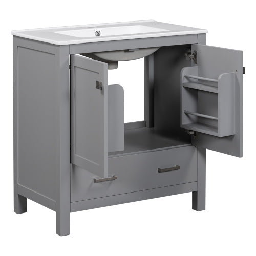 30" Gray Bathroom Vanity – Under-Mount Sink, Soft Closing Doors & Multifunctional Storage