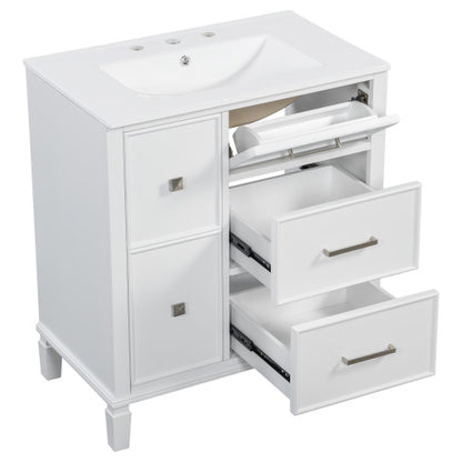30 Inch Bathroom Vanity With Ceramic Sink, Flip-Out Drawer Design For Plumbing, White Painted MDF Cabinet With Solid Wood Legs